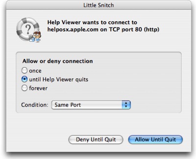 Imagen de little snitch preguntando si autoriza a la aplicaciona conectarse con el servidor de Apple en la internet Imagen de little snitch preguntando si autoriza a la aplicaciona conectarse con el servidor de Apple en la internet